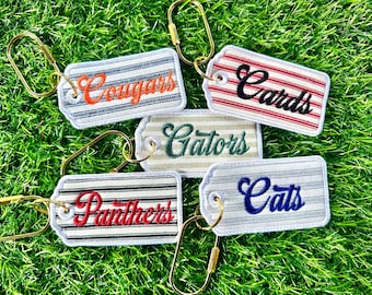 Gameday Team Spirit Custom Embroidered Tote Bag Charm Striped School Colors Keychain with Carabiner Girls Trip Bachelorette Back To School