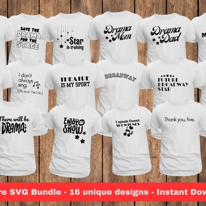 Paquete de SVG y JPEG de teatro: 16 diseños únicos: imágenes de sublimación o silueta de Cricut, camiseta de Broadway, camiseta de teatro divertida, camiseta de actor