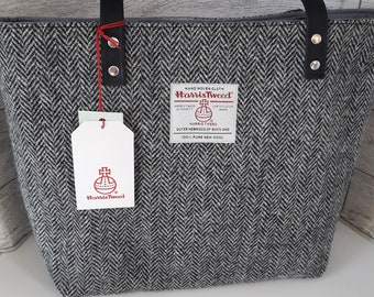 Harris Tweed  Tote Shoulder Bag /Black and White Herringbone / Handmade in Scotland