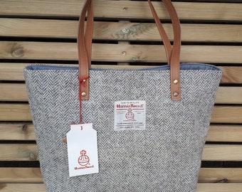 Harris Tweed Tote Bag/ Light Grey and Cream Herringbone / Handmade in Scotland
