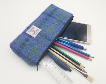 Harris Tweed Pencil Case / Gadget Case /Medium Blue Checked Handmade in Scotland