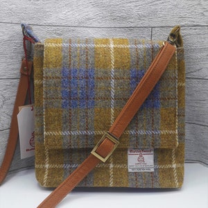 HARRIS TWEED Small Messenger Bag / Shoulder Bag / Mustard and Blue Check / Handmade in Scotland