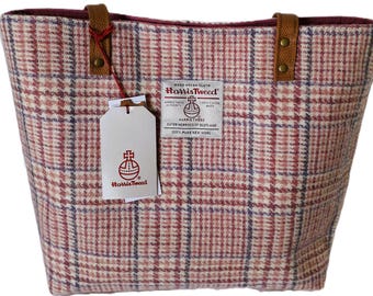 Harris Tweed Tote Bag /Cream,Dusty Pink and Purple Check - Plaid/ Handmade in Scotland