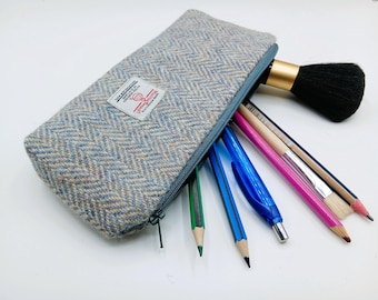 Harris Tweed Pencil Case / Blue/Grey and Cream Herringbone/ Gadget Case / Handmade in Scotland