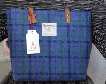 Harris Tweed  Tote Bag /Medium Blue Plaid Checked / Handmade in Scotland