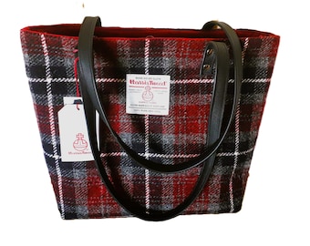 Harris Tweed Tote Bag  / Red, Black and Grey Check / Handmade in Scotland