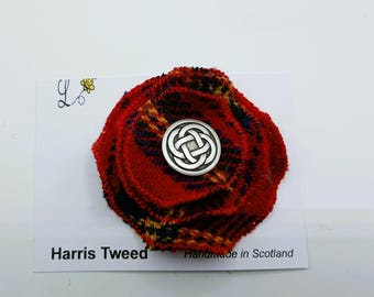 HARRIS TWEED Brooch / Red Tartan / Handmade in Scotland