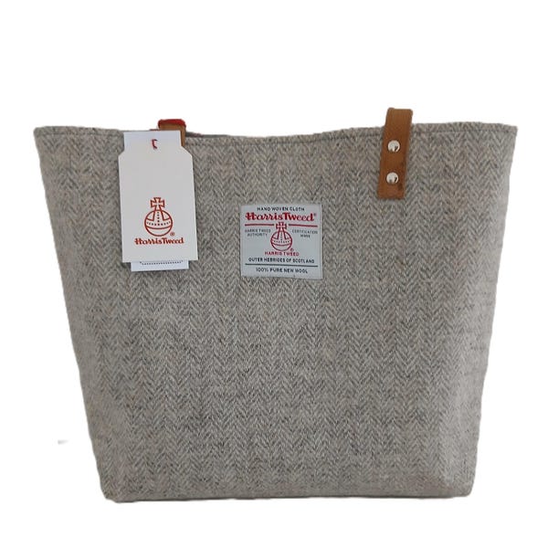 Bolso tote de tweed Harris hecho a mano / Espiga gris claro y crema / Hecho a mano en Escocia