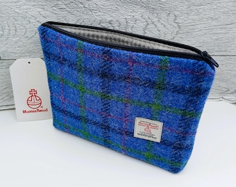 Harris Tweed Cosmetic bag / Make-up Bag / Medium Blue Check/ Handmade in Scotland