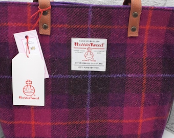 Harris Tweed Tote Bag /Fuchsia Pink and Purple Check - Plaid/ Long or Short Handles / Handmade in Scotland
