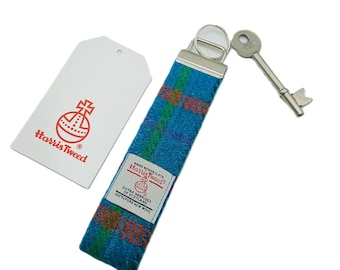 Harris Tweed Keyring /Turquoise Check / Wrist Keyfob / Free UK P&P / Handmade