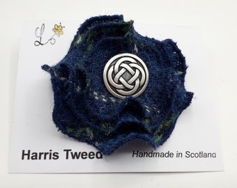 HARRIS TWEED Brooch / Blue, Green and White Check / Handmade in Scotland