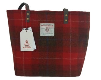 Harris Tweed Tote Bag/Red and Brown Check / Handmade in Scotland