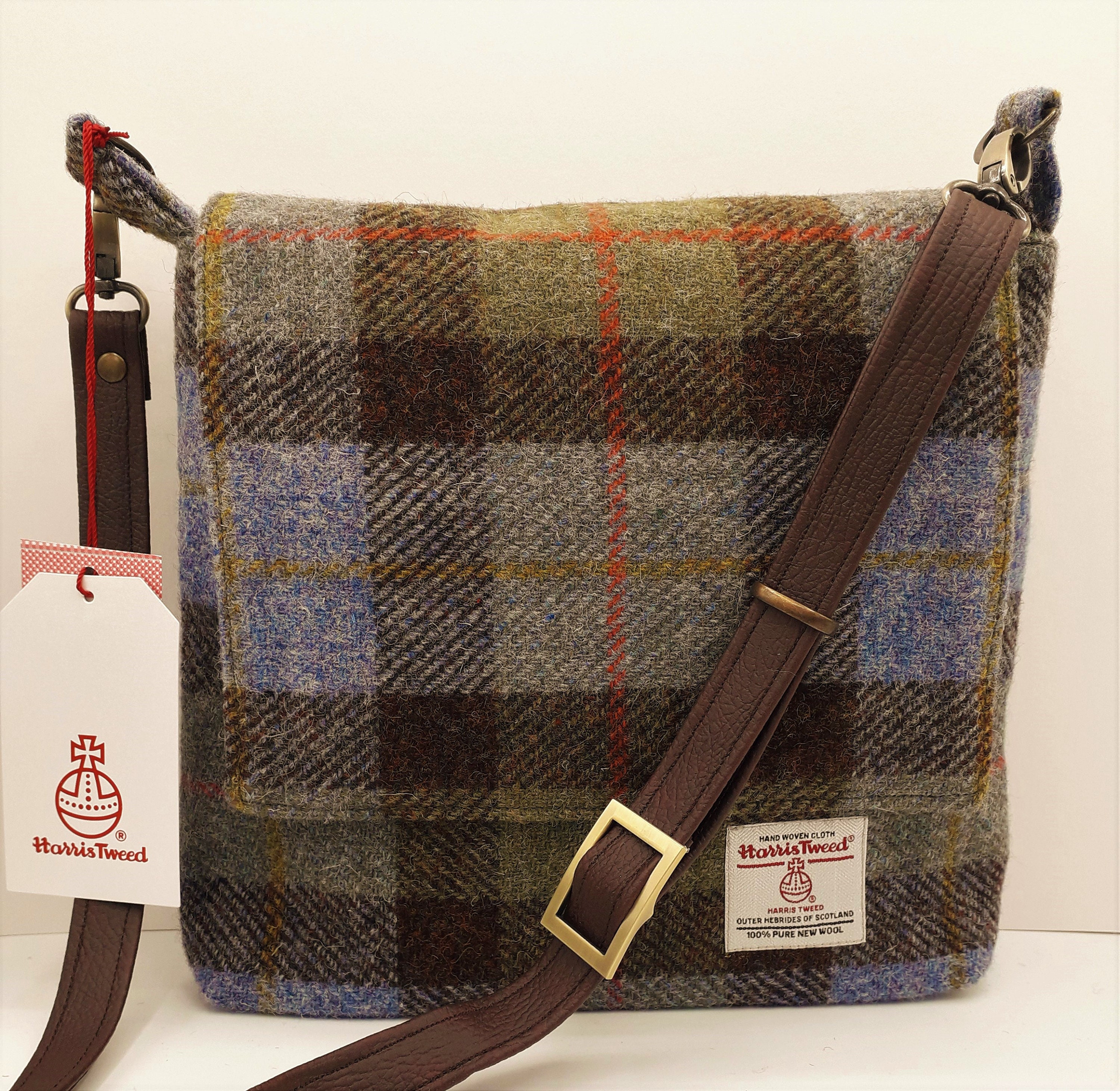 HARRIS TWEED small Messenger Bag / Shoulder Bag / McLeod Tartan /  Blue,Brown and Green Check / Handmade in Scotland