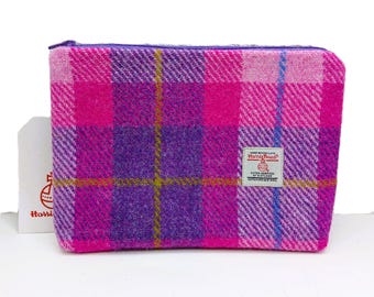 Harris Tweed Cosmetic bag / Make-up Bag / Pink and Purple Check/ Handmade in Scotland