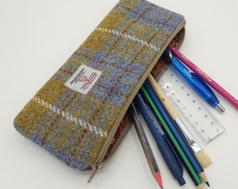 Harris Tweed Pencil Case /Mustard and Grey Check / Gadget Case / Handmade in Scotland