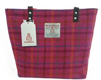 Harris Tweed Tote Bag /Bright Pink  Check - Plaid/ Handmade in Scotland