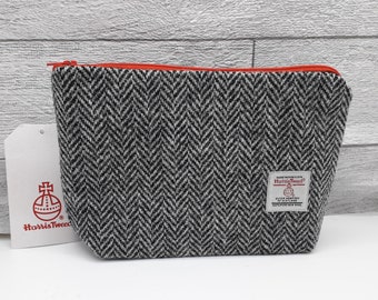 Harris Tweed Cosmetic bag / Make-up Bag /Black andGrey Herringbone/ Handmade in Scotland