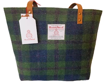 Harris Tweed  Tote Shoulder Bag /Greeen, Blue and Purple Plaid Check/ Handmade in Scotland