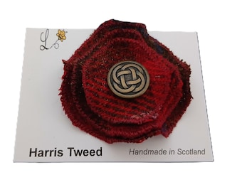 HARRIS TWEED Brooch / Dark Red and Brown Checked Harris Tweed/ Handmade in Scotland