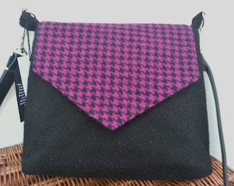 Harris Tweed Bag / Small Shoulder Bag / Black and Pink Hound's-tooth / Handmade in Scotland