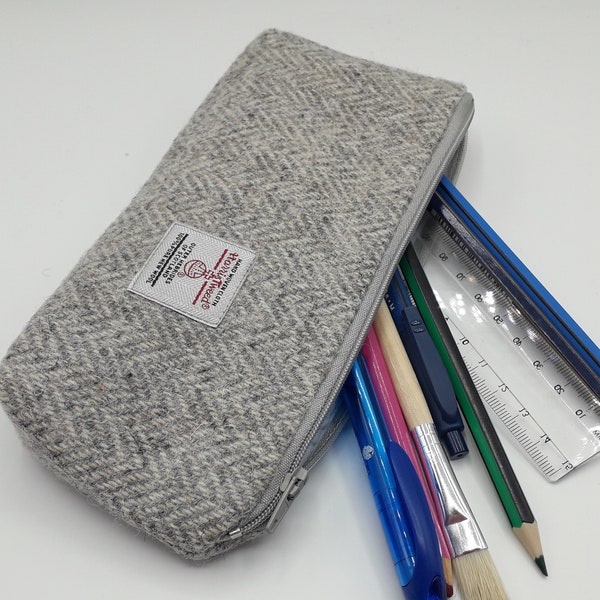 Estuche para lápices Harris Tweed /Gris y crema en espiga/ Estuche para gadgets / Hecho a mano en Escocia