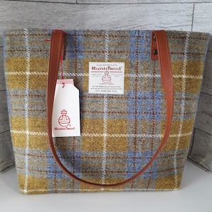 Bolso tote Harris Tweed / Cuadros mostaza, azul y gris / Hecho a mano en Escocia