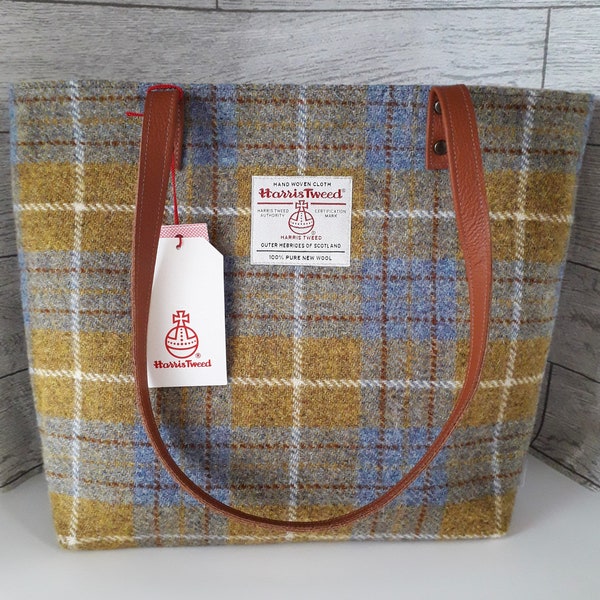 Sac fourre-tout en tweed Harris / carreaux moutarde et bleu / gris / fait main en Ecosse