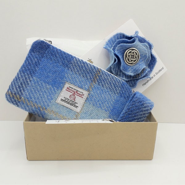 Harris Tweed Gift Set / Light Blue checked / Coin Purse / Keyring / Brooch