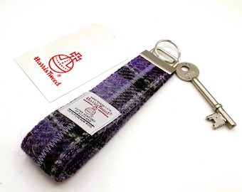 Harris Tweed Keyring /Purple and Black Check / Wristlet Keyring