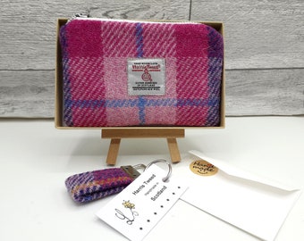 Harris Tweed Coin Purse and Keyring Gift Set / Pink and Purple checked / Coin Purse / Keyring