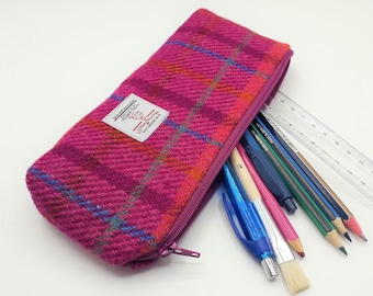 Harris Tweed Pencil Case /Bright Pink Check/ Gadget Case / Handmade in Scotland