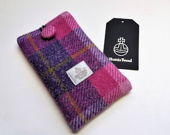 Harris Tweed Glasses/Phone Case /Pink and Purple Check / Handmade in Scotland