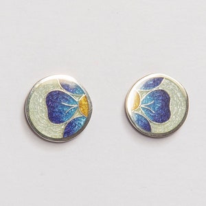 Forget Me Not Flower Cloisonné  Enamel Stud Earrings. Tiny Studs Blue Yellow Flowers Round Earrings Enamel Jewelry. Christmas Gift For Her
