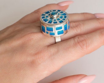 Champlevé and Cloisonne Enamel Poison Ring With Topaz Gemstone, Sterling Silver Pillbox Ring, Conceptual Blue Box Ring, Statement Ring