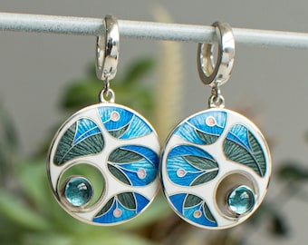 Cloisonné Enamel And Sterling Silver Earrings With Topaz Gemstones, Blue Green Earrings, Hand Engraving, Limited Edition, Enamel Jewelry.