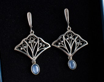 Kyanite Filigree Earrings, Sterling Silver Openwork Earrings, Fan Shape Silver Wire Earrings, Dangle Granulated Earrings,