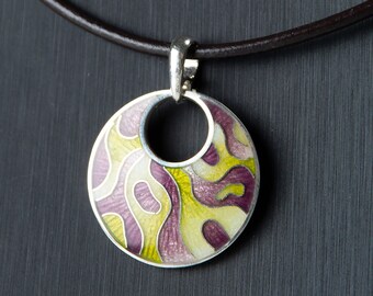 Leopard Yellow Violet Necklace, Cloisonne Enamel Pendant, Sterling Silver Pendant With Leather Cord, Pendant With Hole, Enamel Jewelrysi
