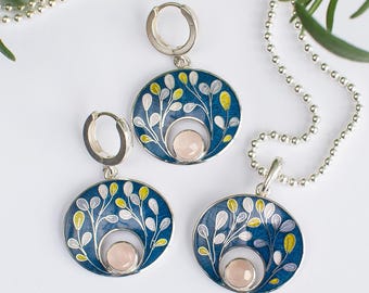 Silver Cloisonne Enamel Jewelry Set: Rose Quartz Leaves Pendant Earrings
