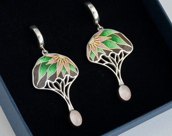 Tree Form Enamel Earrings Sterling Silver Pure Gold Earrings Rose Quartz Golden Earrings Cloisonne Enamel Dangling Floral Earrings