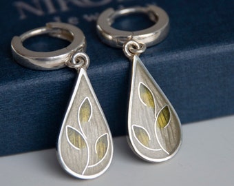 Cloisonne Enamel Earrings Khaki Leaves, Sterling Silver Earrings, Dangling Drop Earrings, Casual Everyday Earrings, Teardrop Green Earrings