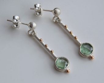 Silver Earrings With Green Kyanite And 14K Gold Beads, Earrings Sticks With Rose Cut Gemstones, Sterling Silver 925 Long Drop Studs