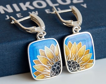 Sunflower Cloisonné  Enamel, Sterling Silver, Fine Silver, Square, Blue Yellow Flower, Handmade, Earrings. 925 Silver. Hot Glass Enamel.