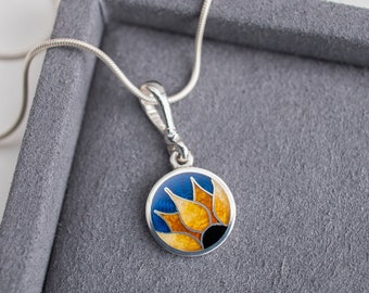 Sunflower Enamel Necklace and Earrings, Cloisonne Enamel and Sterling Silver Jewelry Set, Casual Dainty Blue Yellow Small Jewelry Set