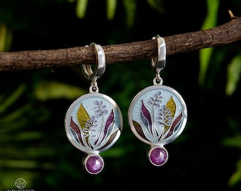 Ruby Sapphire Sterling Silver Enamel Earrings: Cordyline Fruticosa