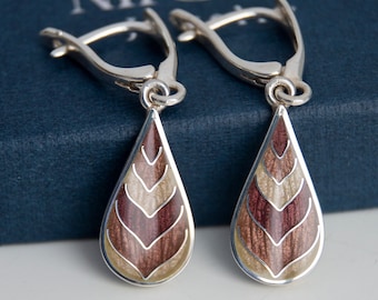 Cloisonne Enamel Earrings Striped Art Deco Earrings, Sterling Silver Earrings, Dangling Drop Earrings, Casual Brown Pattern Earrings