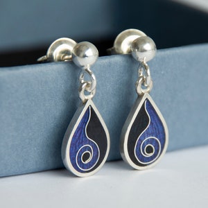 Teardrop, 925 Silver, Cloisonné Enamel, Violet And Black Push Back Dangling Earrings. Small, Casual, Minimalistic, Handmade Gift for Women.