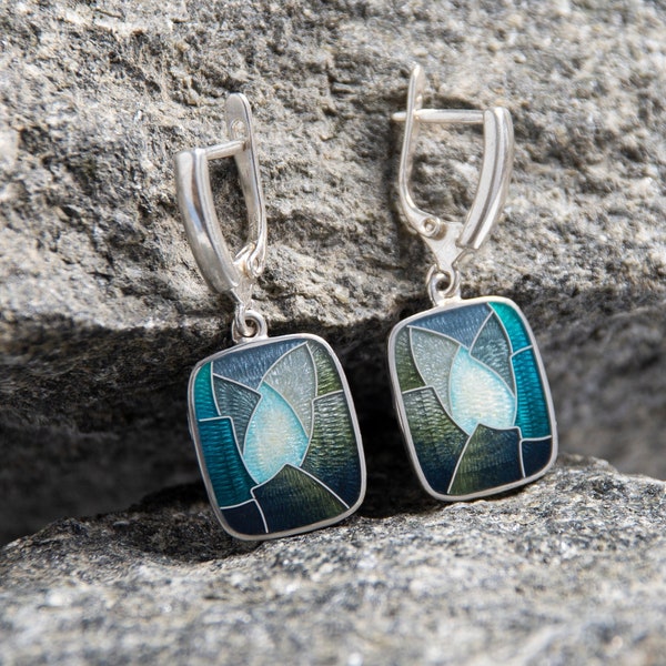 Rock Cave Enamel Earrings Sterling Silver Cloisonne Enamel Earrings Rectangular Grey Engraved Earrings Handmade Enamel Jewelry