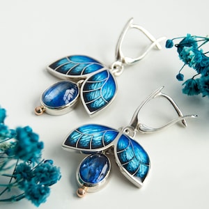 Morpho Butterfly Earrings, Cloisonne Enamel Sterling Silver Earrings With Kyanite, Blue Black Earrings With Gold Beads, Enamel Jewelry