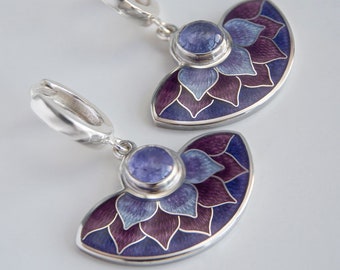 Cloisonne Enamel Earrings With Tanzanite Stone, Sterling Silver Semicircle Earrings, Violet Drop Vintage Style Enamel Jewelry Earrings